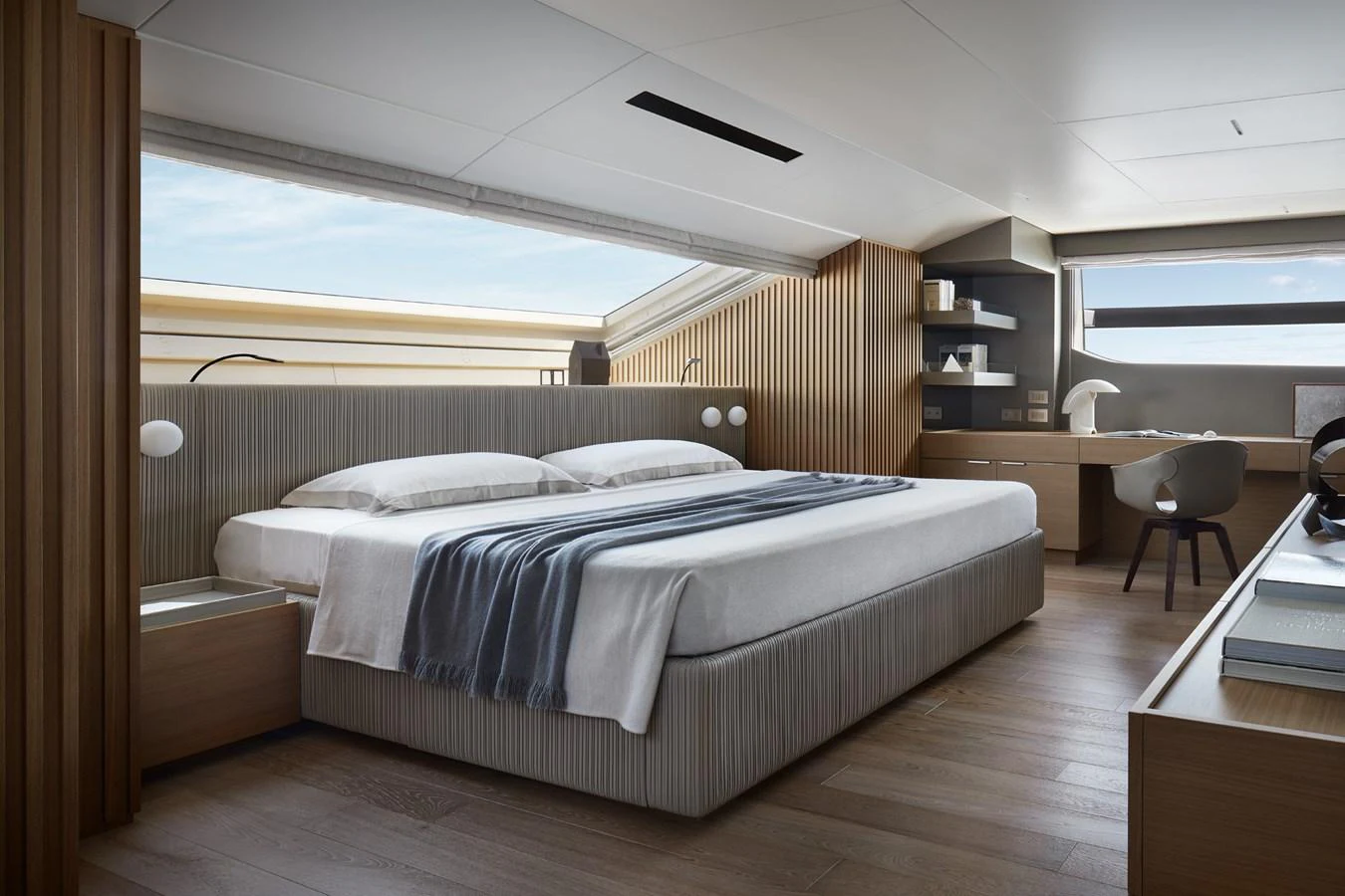 a bedroom with a large bed aboard STELLA Yacht for Sale