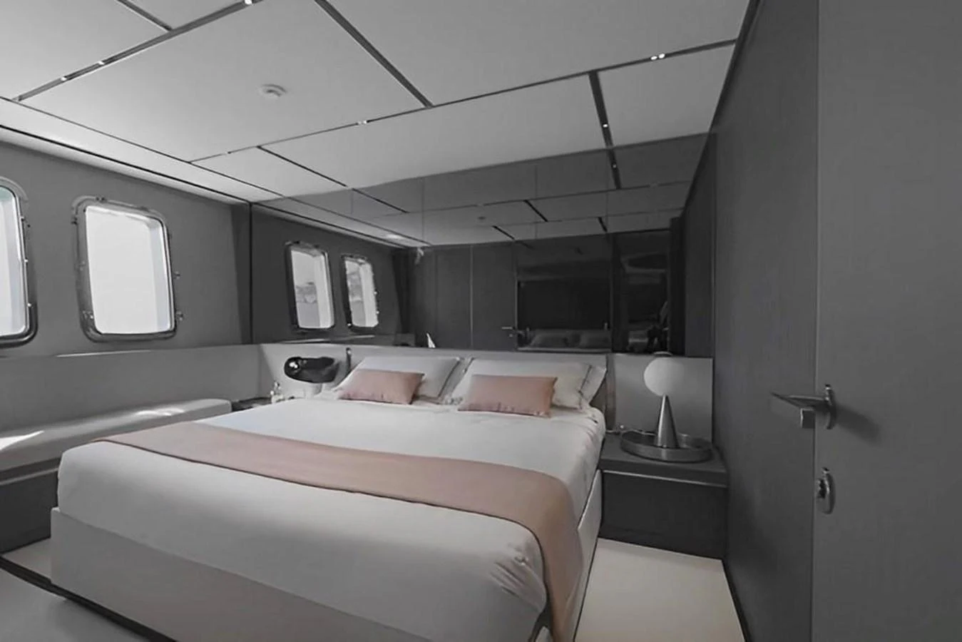 a room with a bed and a desk aboard ALMAX Yacht for Sale