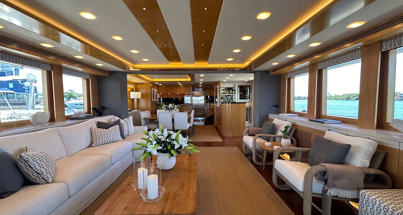a living room with a large window aboard SALVATOR II Yacht for Sale