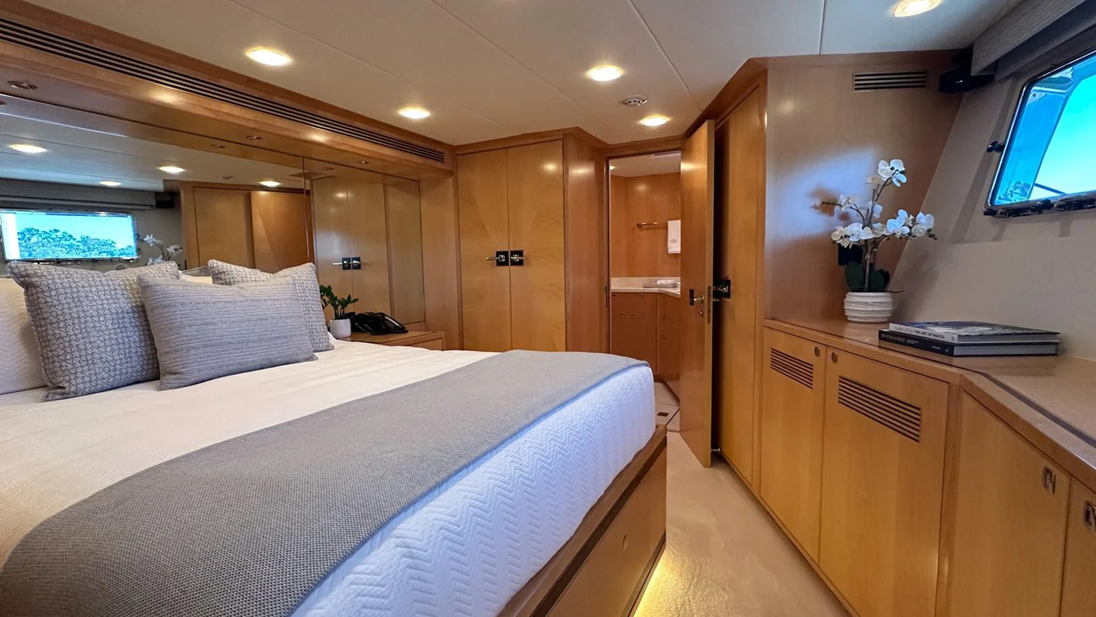 a bed in a room aboard SALVATOR II Yacht for Sale