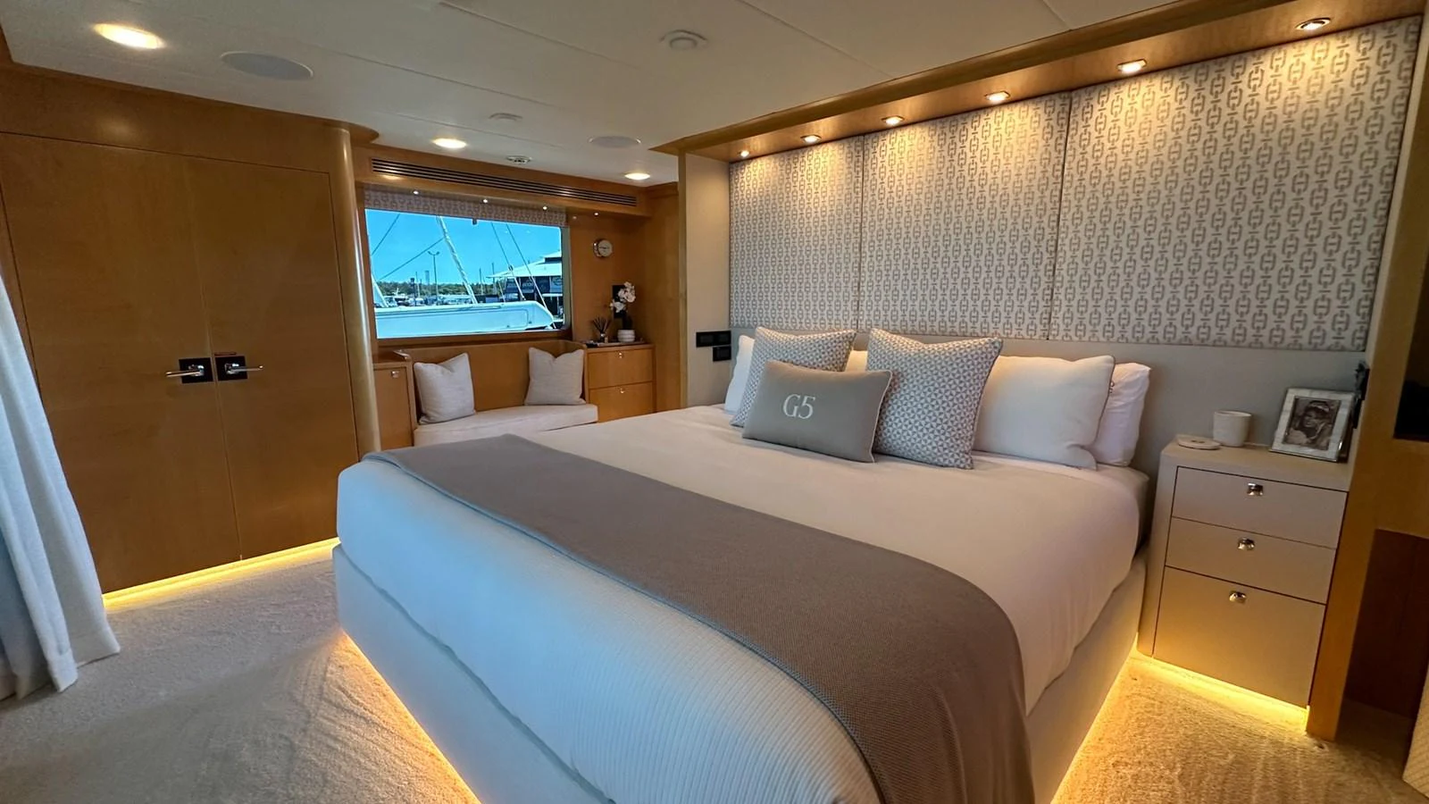 a large bed in a hotel room aboard SALVATOR II Yacht for Sale