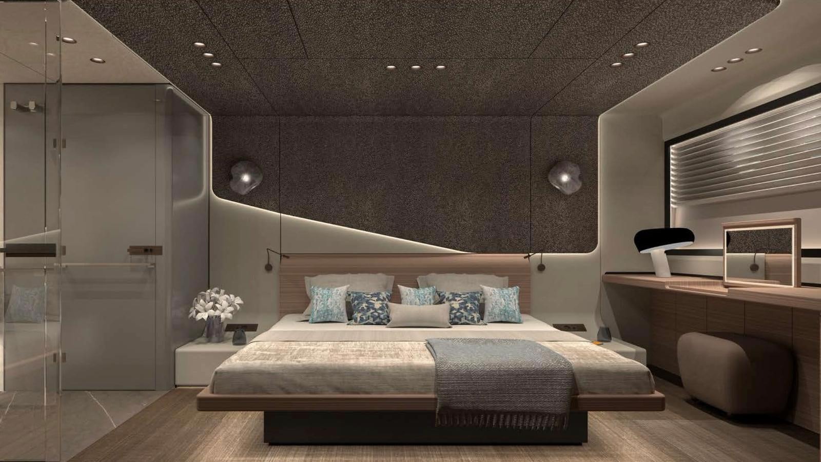 a modern bedroom with a bed aboard VENTO 85 X-ONE Yacht for Sale
