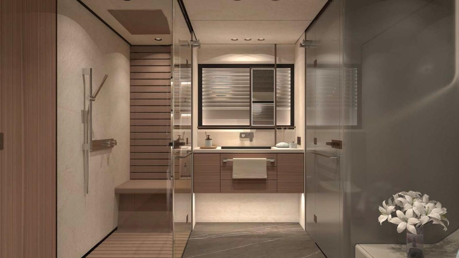 a room with a shower and a sink aboard VENTO 85 X-ONE Yacht for Sale