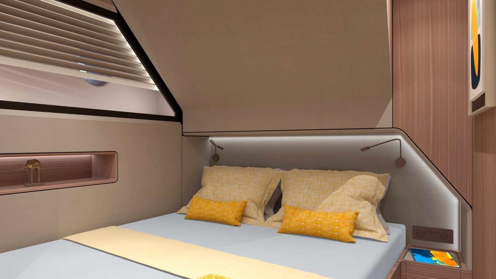a bed with yellow pillows aboard VENTO 85 X-ONE Yacht for Sale
