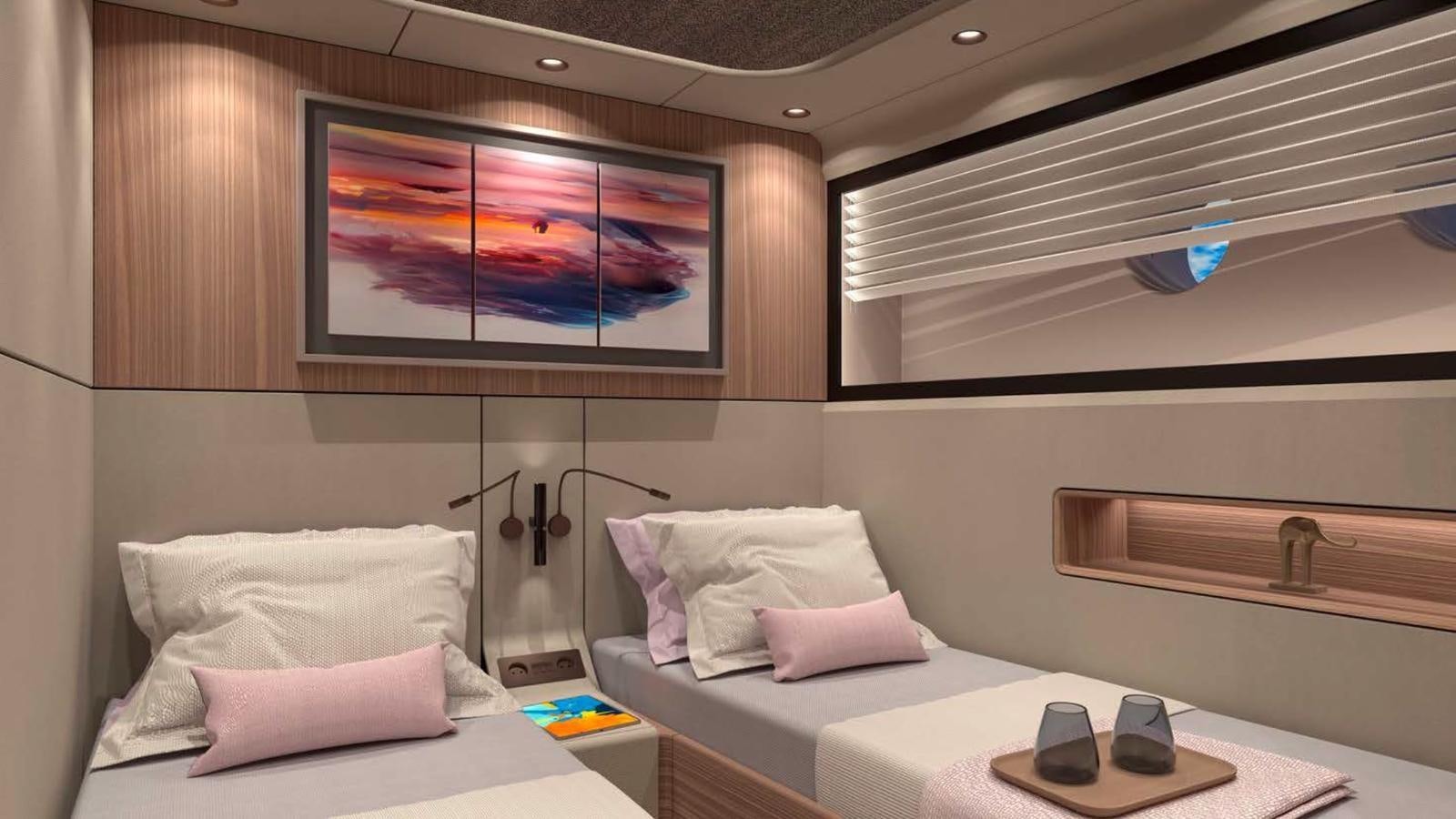 a room with a bed and a desk aboard VENTO 85 X-ONE Yacht for Sale