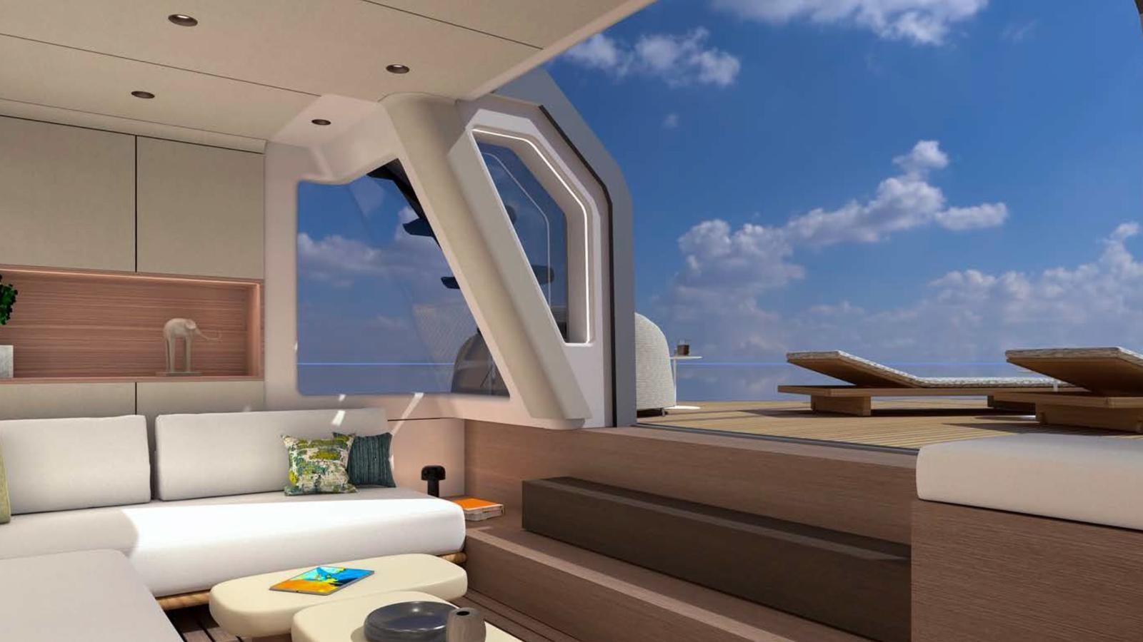 a room with a couch and a window aboard VENTO 85 X-ONE Yacht for Sale
