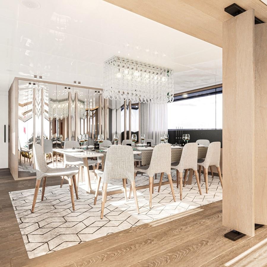 a room with a table chairs and a large window aboard TERRANOVA 45 Yacht for Sale