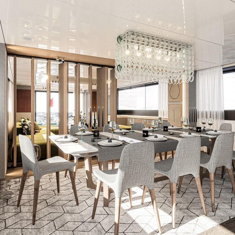 a large dining room with white chairs aboard TERRANOVA 45 Yacht for Sale