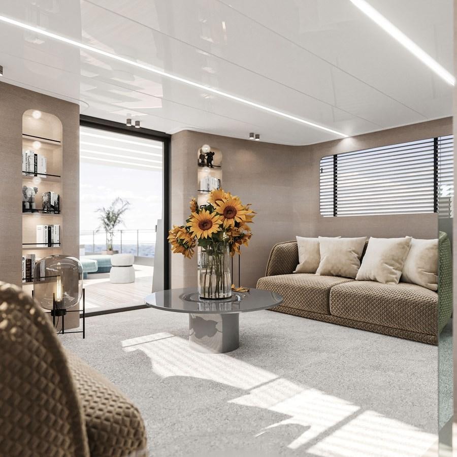 a living room with a vase of flowers on a table aboard TERRANOVA 45 Yacht for Sale