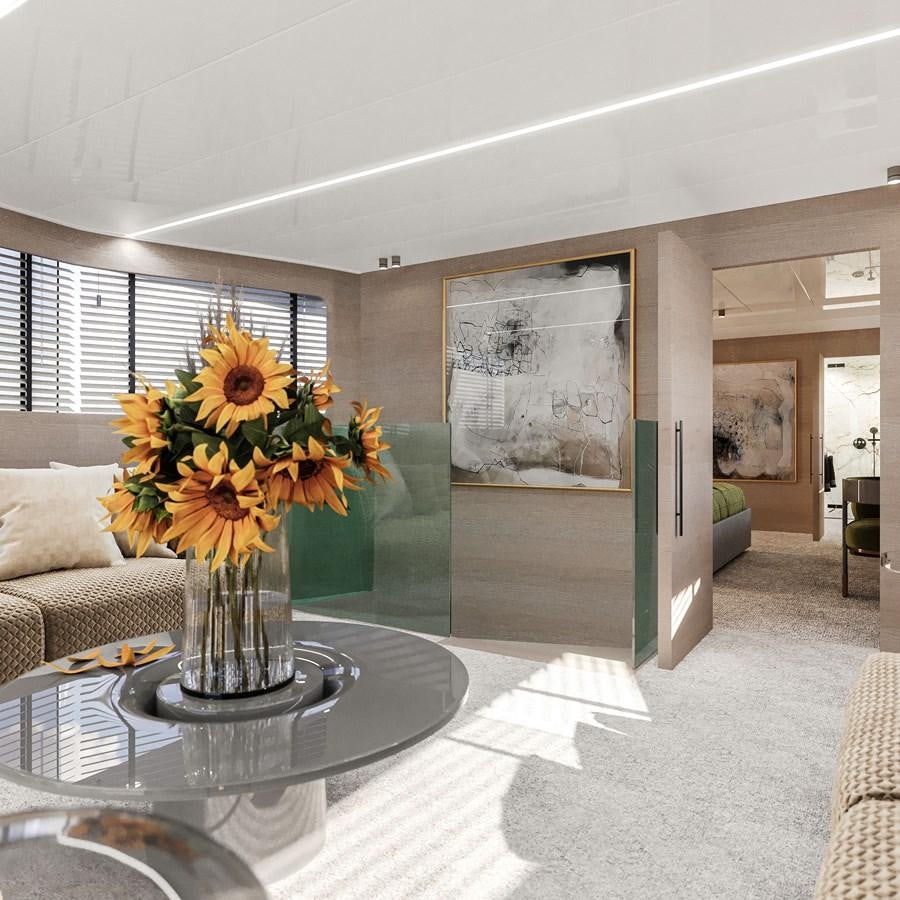 a vase of sunflowers on a table in a living room aboard TERRANOVA 45 Yacht for Sale