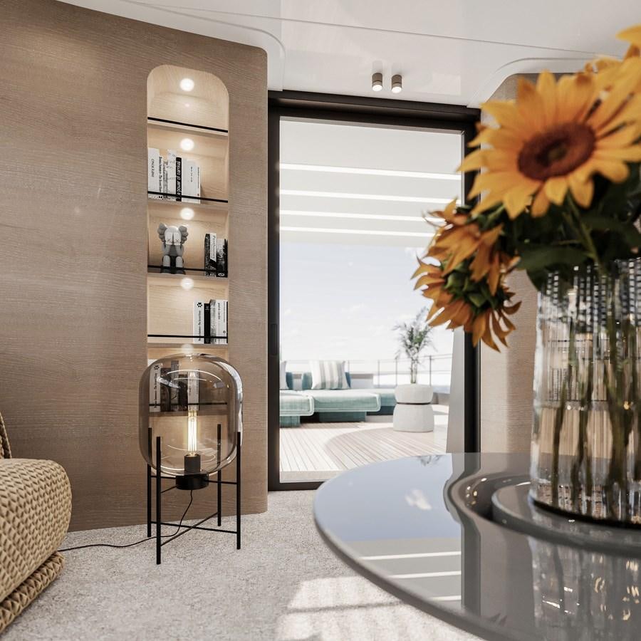 a vase of sunflowers sits on a table aboard TERRANOVA 45 Yacht for Sale