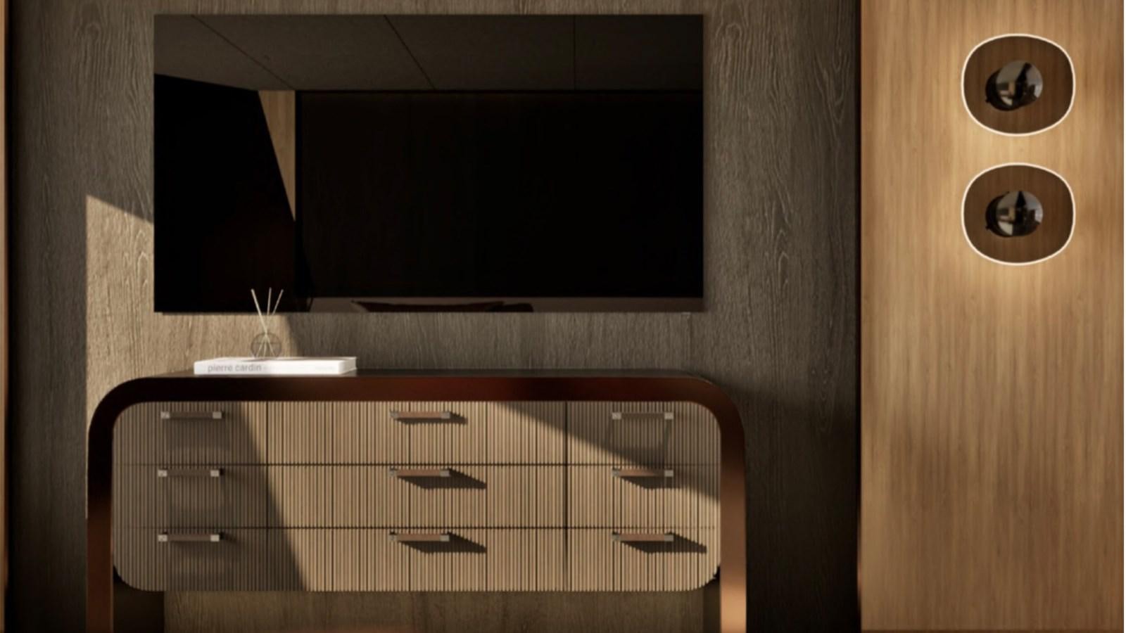 a room with a tv and a cabinet aboard SUPERNOVA 60 Yacht for Sale