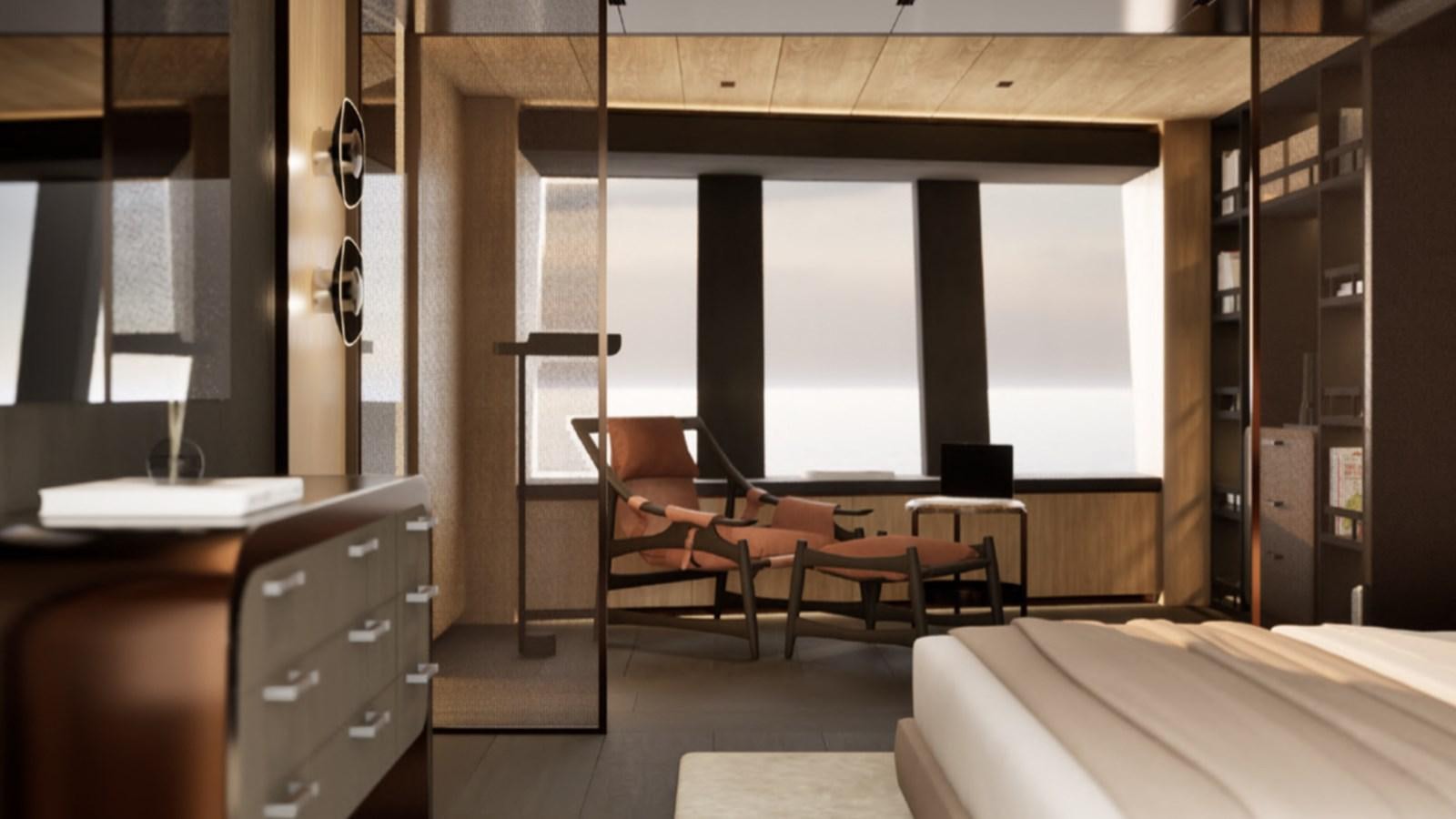 a room with a bed and desk aboard SUPERNOVA 60 Yacht for Sale