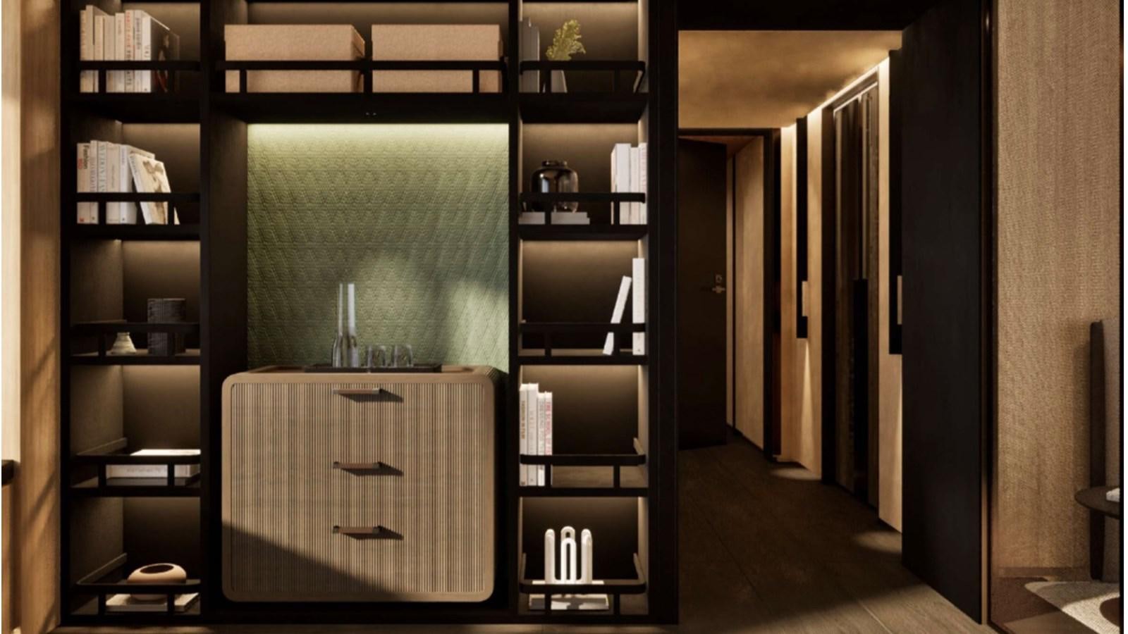 a room with a bookcase and shelves aboard SUPERNOVA 60 Yacht for Sale