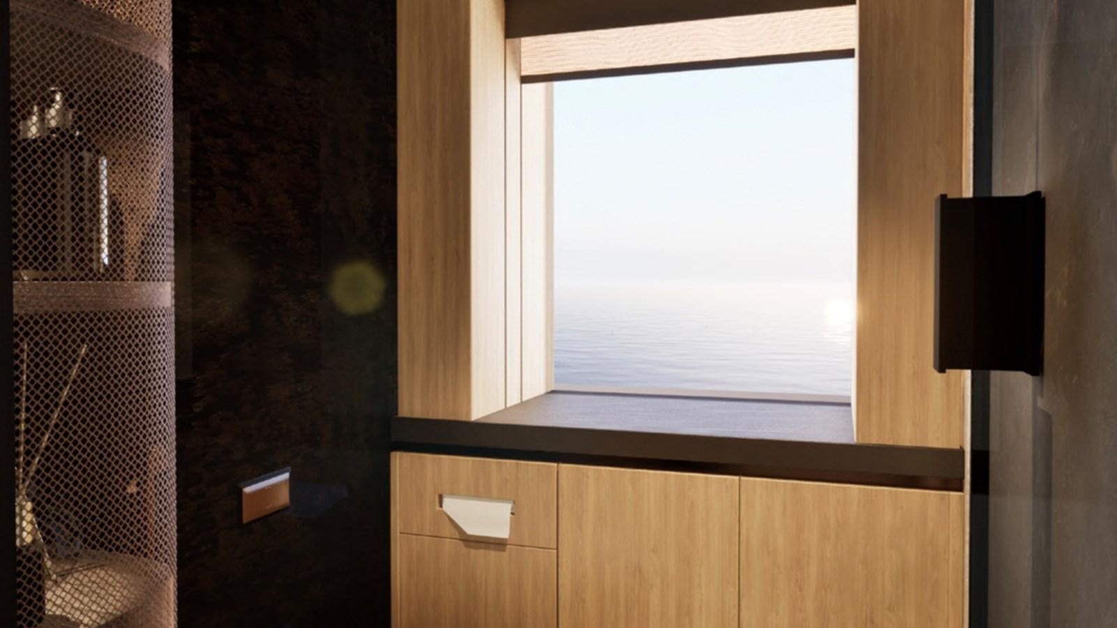 a window with a black speaker aboard SUPERNOVA 60 Yacht for Sale