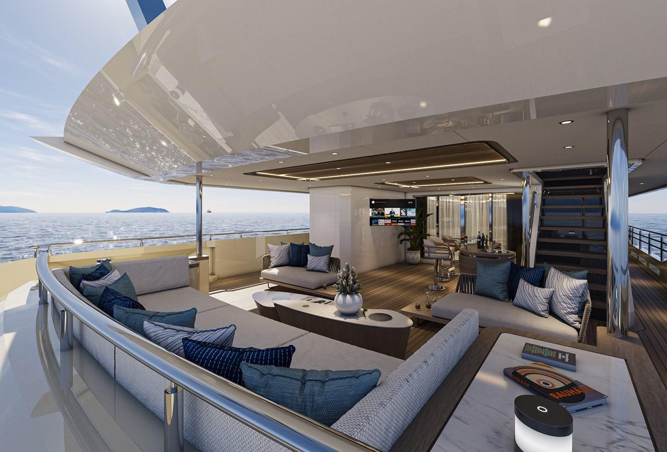 a large living room with a large balcony aboard BILGIN 170 NB85 52M Yacht for Sale