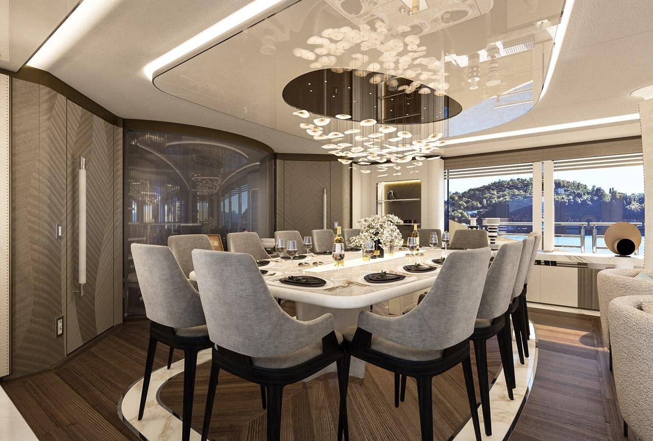 a dining room with white chairs aboard BILGIN 170 NB85 52M Yacht for Sale