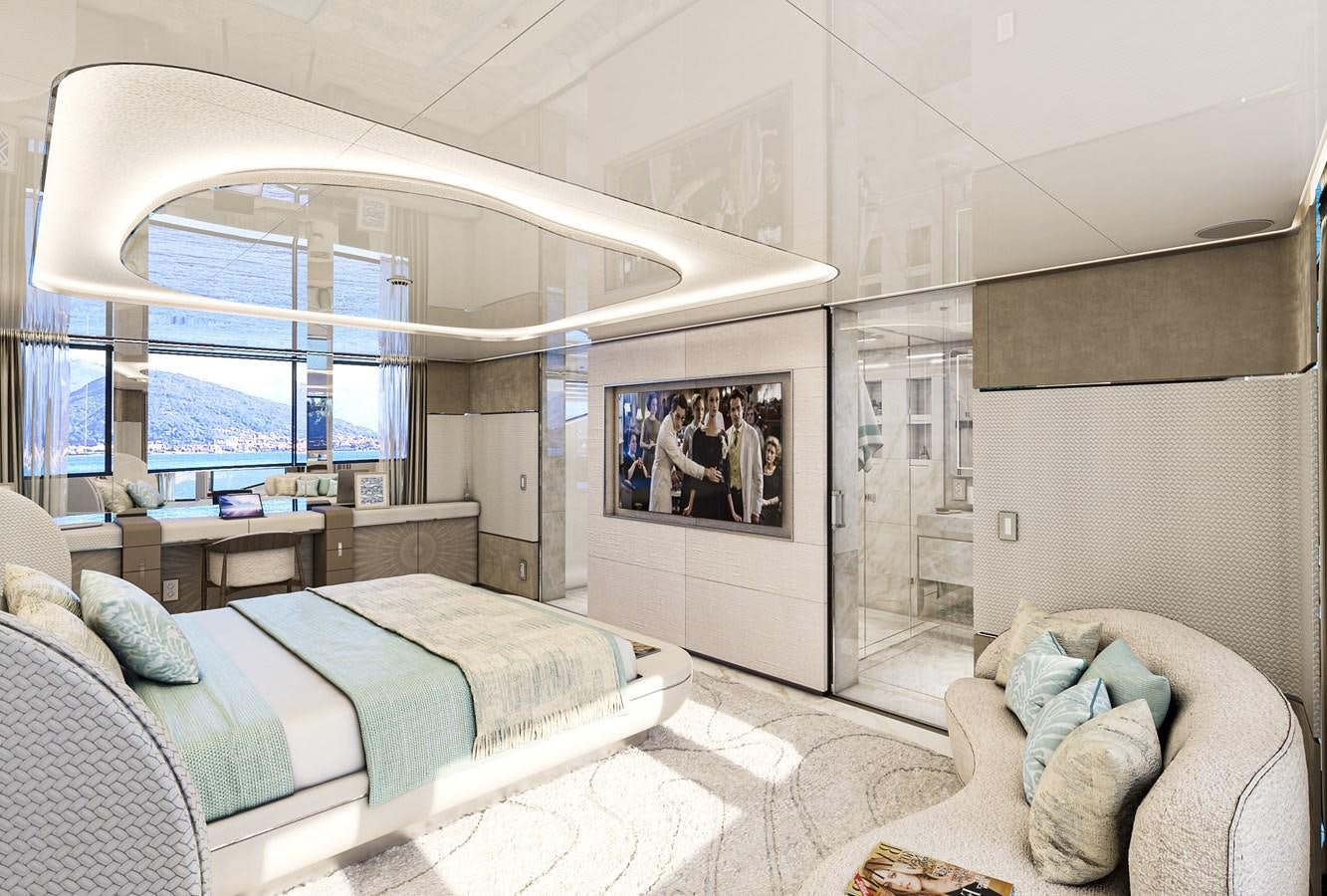 a bedroom with a bed and a large window aboard BILGIN 170 NB85 52M Yacht for Sale