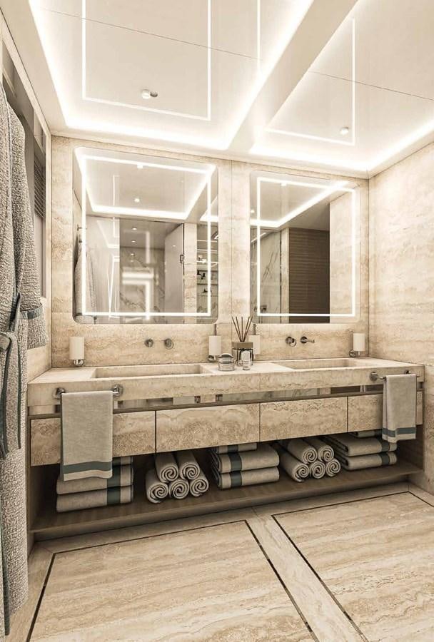 a bathroom with a large mirror aboard BILGIN 170 NB85 52M Yacht for Sale