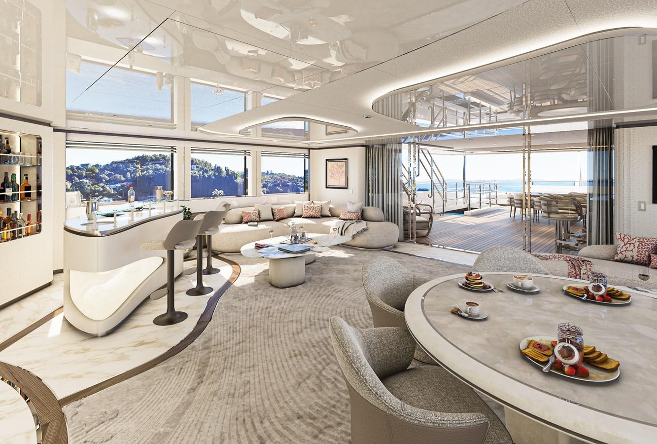 a modern living room with a large window aboard BILGIN 170 NB85 52M Yacht for Sale