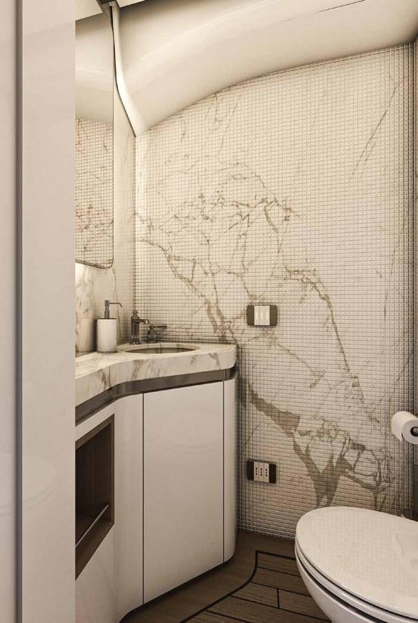 a bathroom with a sink toilet and a shower curtain aboard BILGIN 170 NB85 52M Yacht for Sale