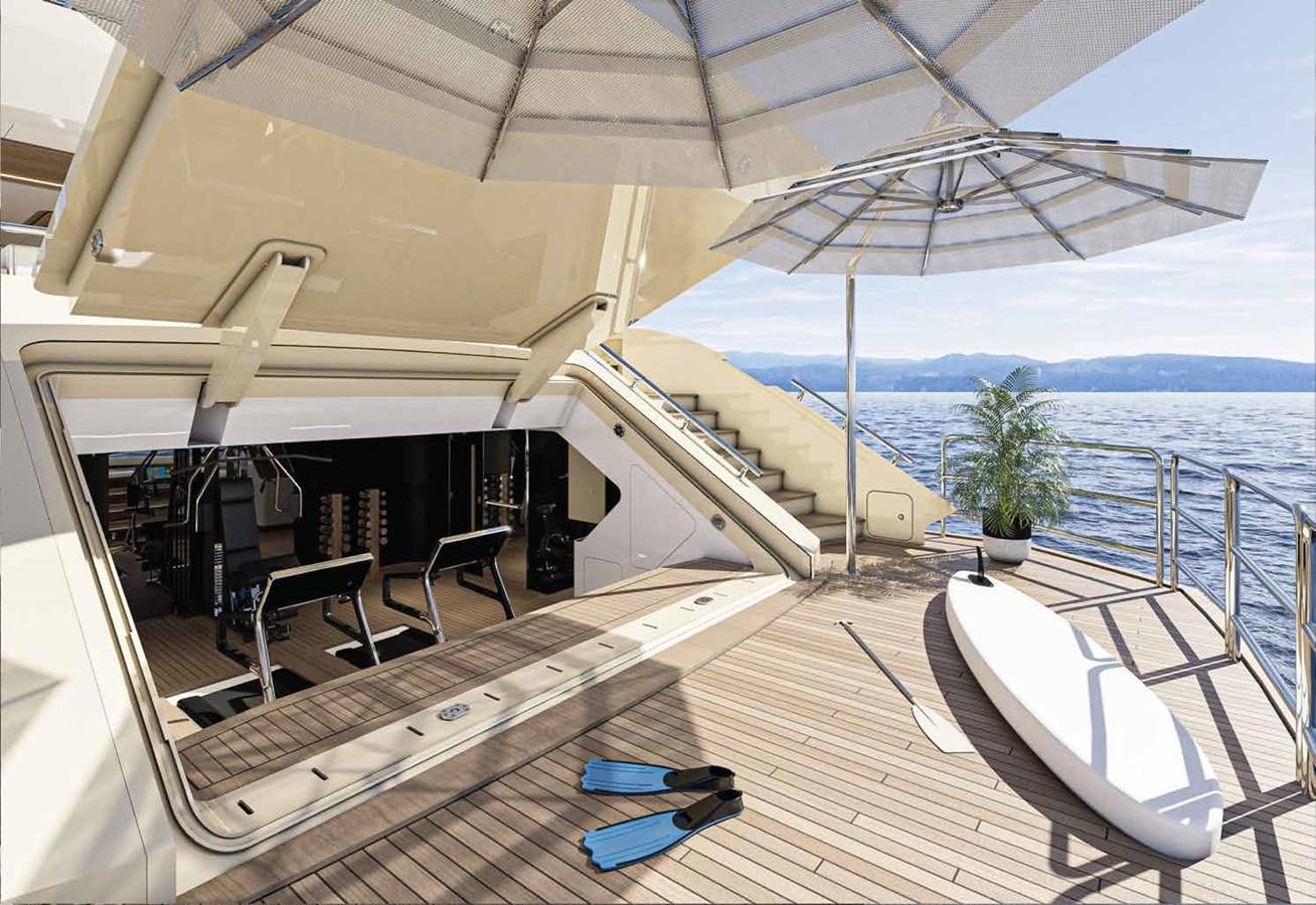 a deck with a pool and a deck with chairs and a view of the ocean aboard BILGIN 170 NB85 52M Yacht for Sale