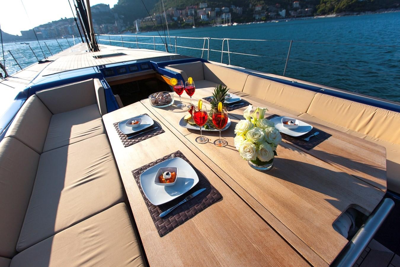 a table with plates and food on it aboard INTI CUBE Yacht for Sale