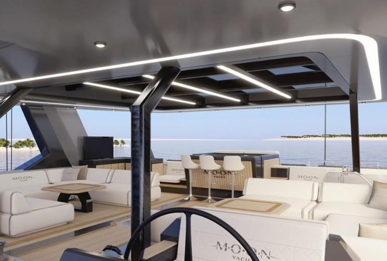 a room with a view of the ocean and the deck aboard 2025 MOON 90 Yacht for Sale