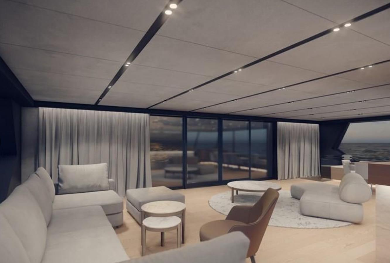 a living room with a large window aboard 2025 MOON 90 Yacht for Sale