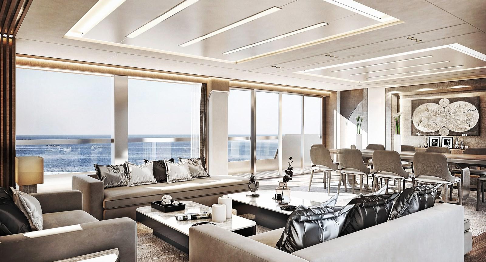 a living room with a large window aboard LEVANTE 37 Yacht for Sale
