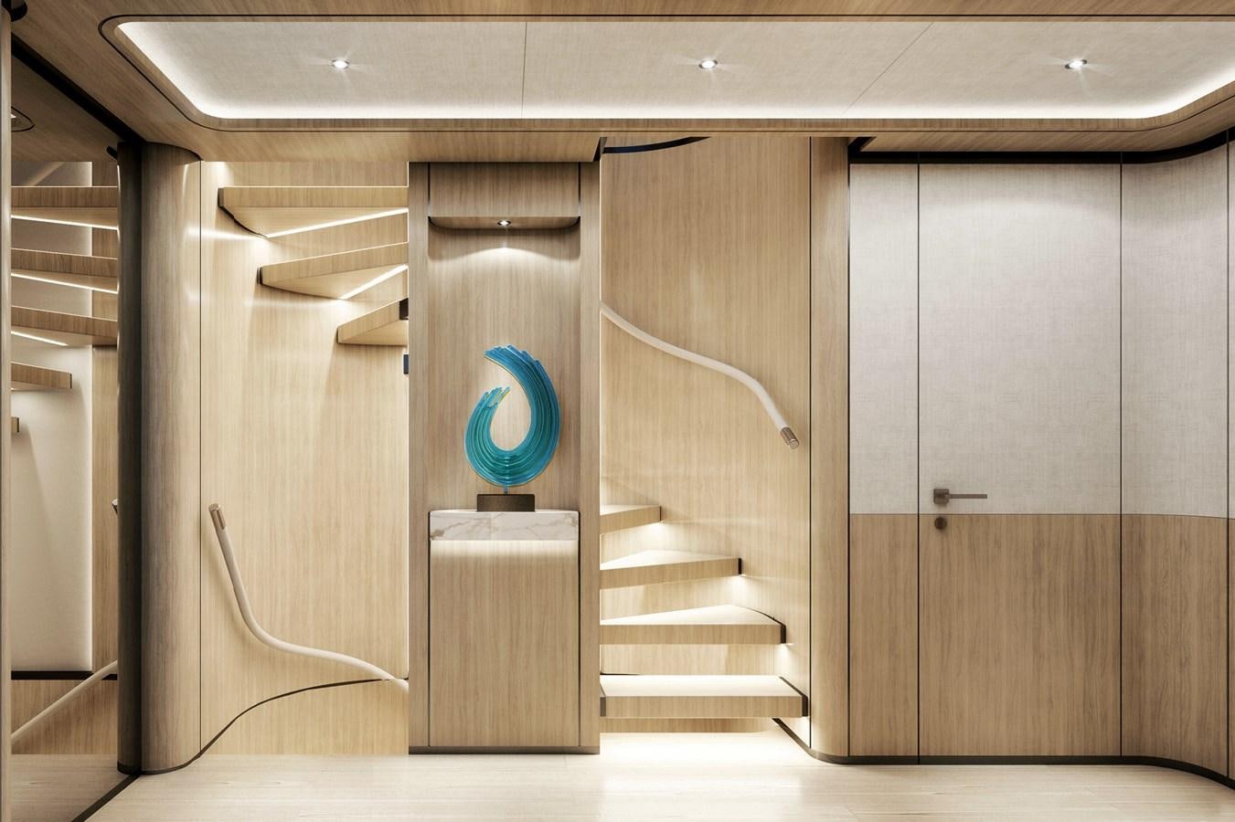 a wooden staircase in a room aboard CLASSIC 35 HULL # 2 Yacht for Sale