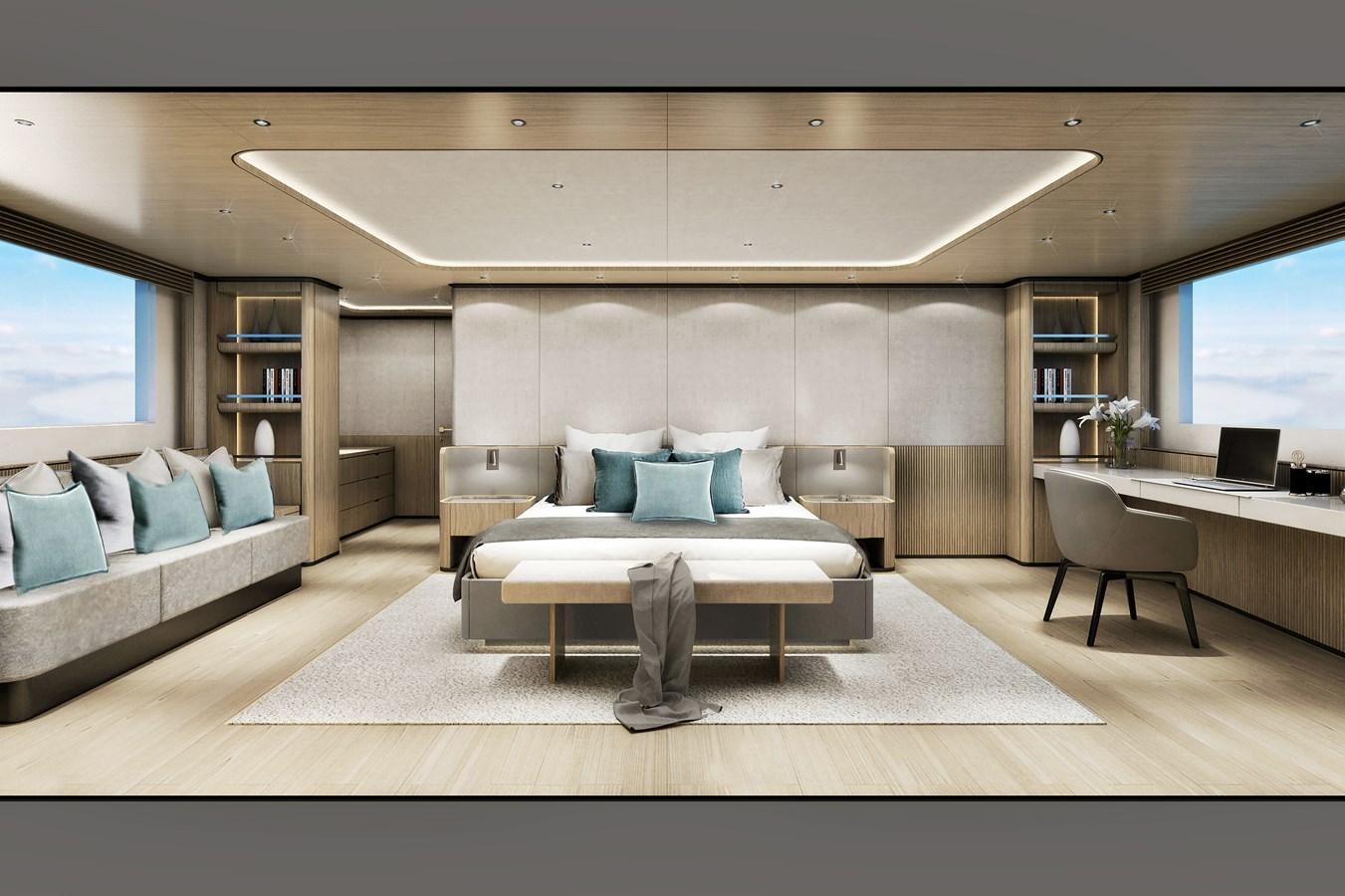 a living room with a couch and a table aboard CLASSIC 35 HULL # 2 Yacht for Sale