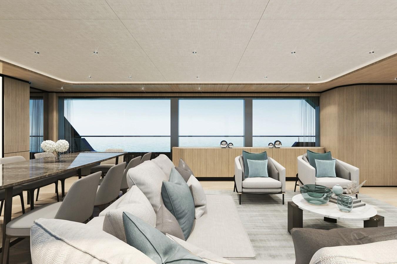a room with a couch and a table and a large window aboard CLASSIC 35 HULL # 2 Yacht for Sale