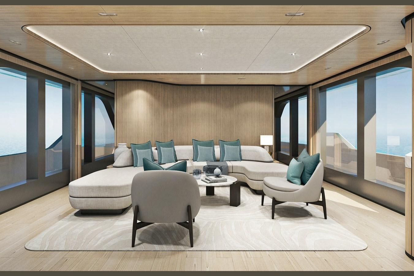 a modern living room with a large window aboard CLASSIC 35 HULL # 2 Yacht for Sale