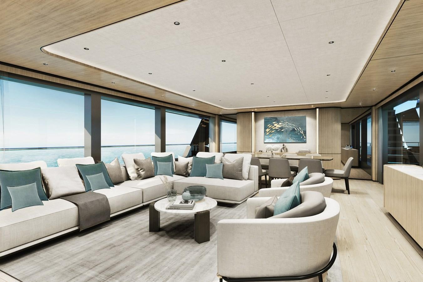 a living room with a large window aboard CLASSIC 35 HULL # 2 Yacht for Sale