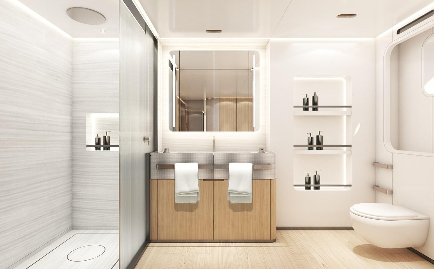 a bathroom with a glass door aboard CLASSIC 35 HULL # 2 Yacht for Sale