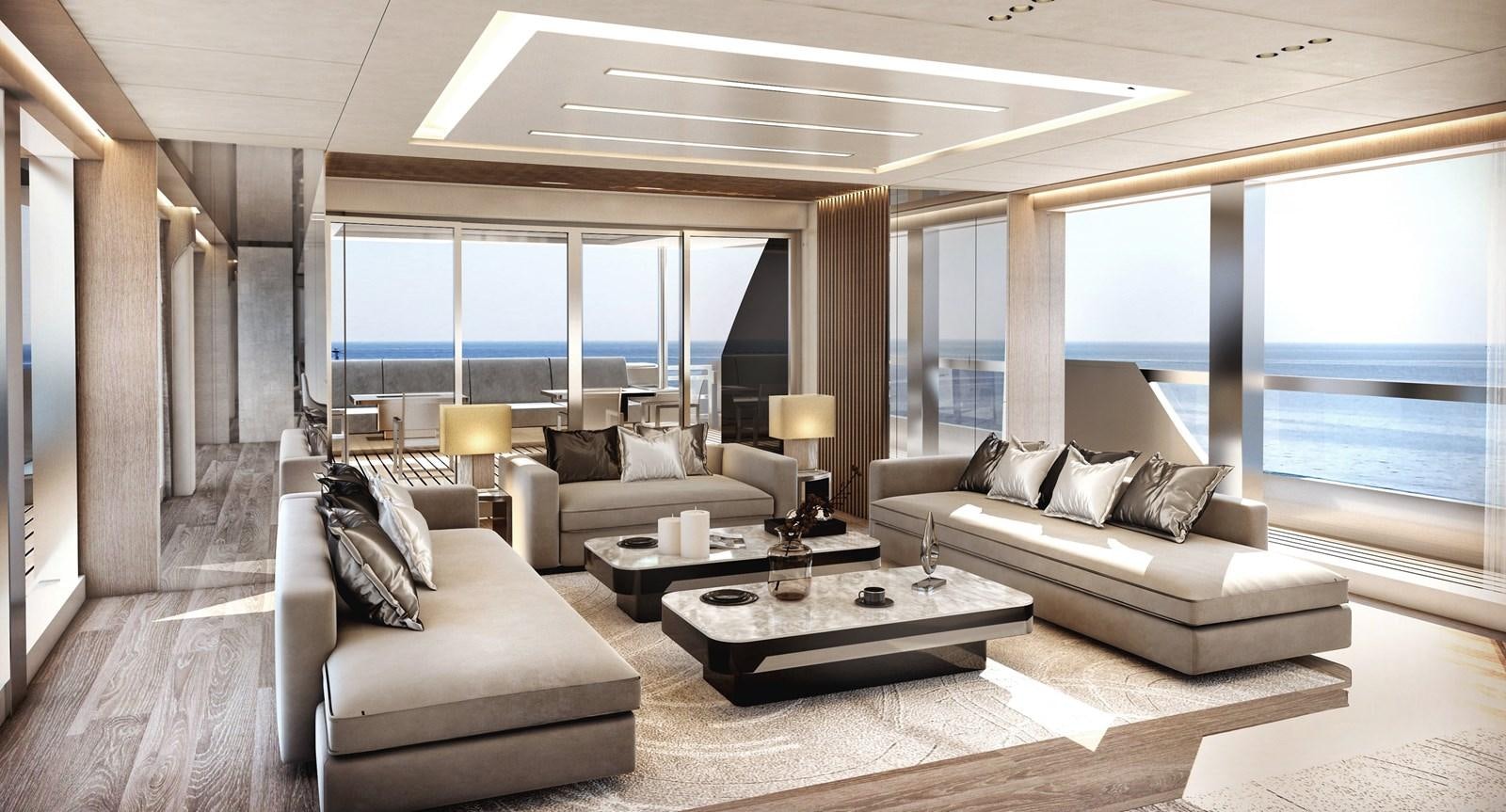 a living room with a large window aboard CLASSIC 30 Yacht for Sale