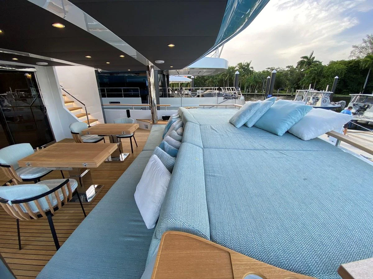 a boat with a blue bed aboard PERSISTENCE Yacht for Sale