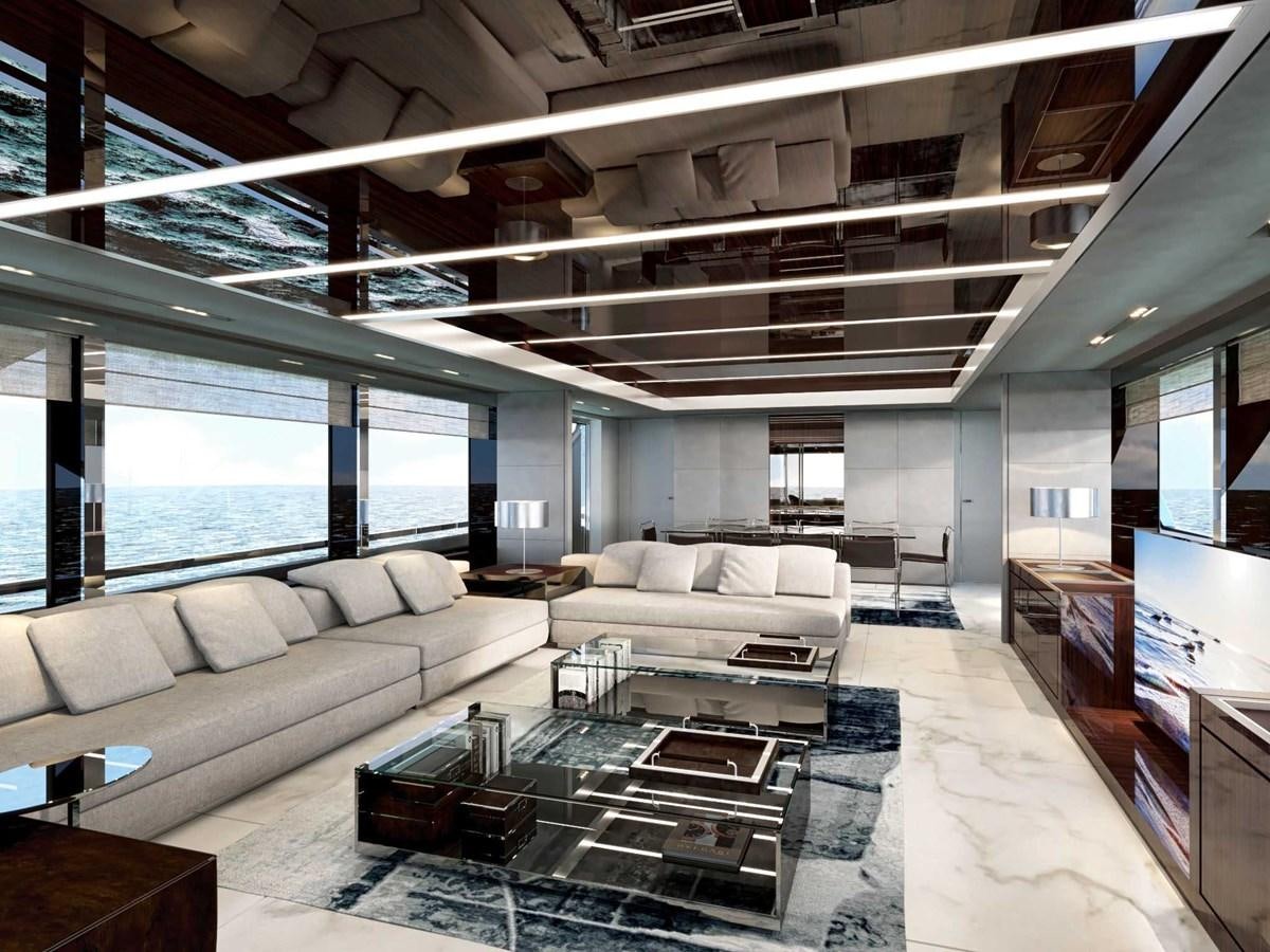 a living room with a large window aboard TAKU Yacht for Sale