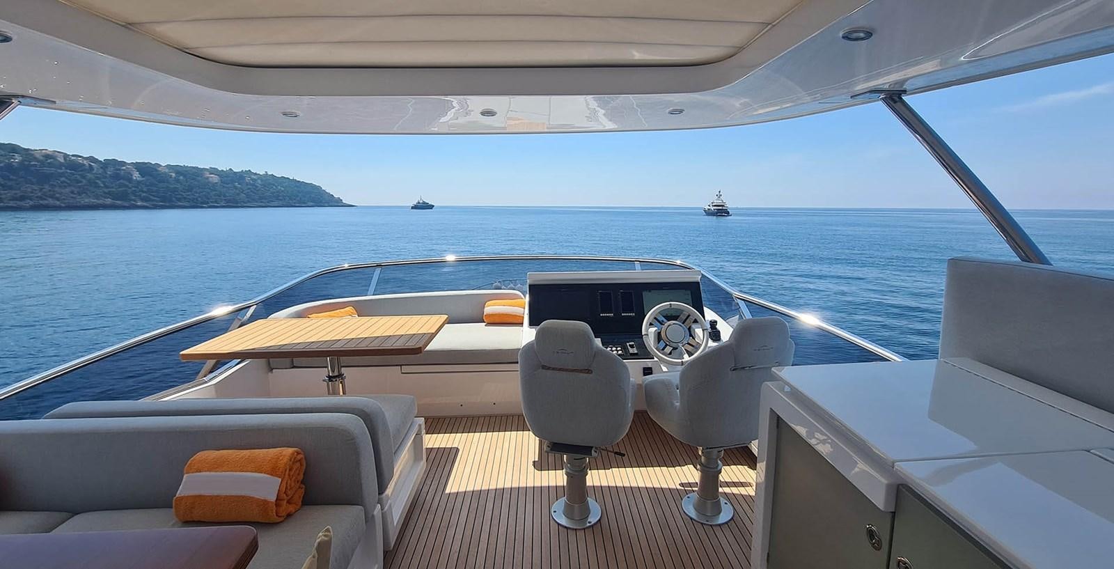a boat with a steering wheel and a boat in the water aboard SOLSTICE Yacht for Sale
