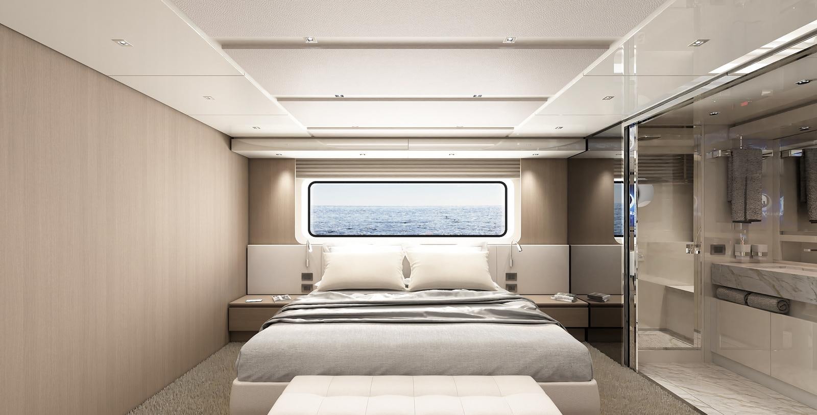 a room with a bed and a large window aboard X370 Yacht for Sale