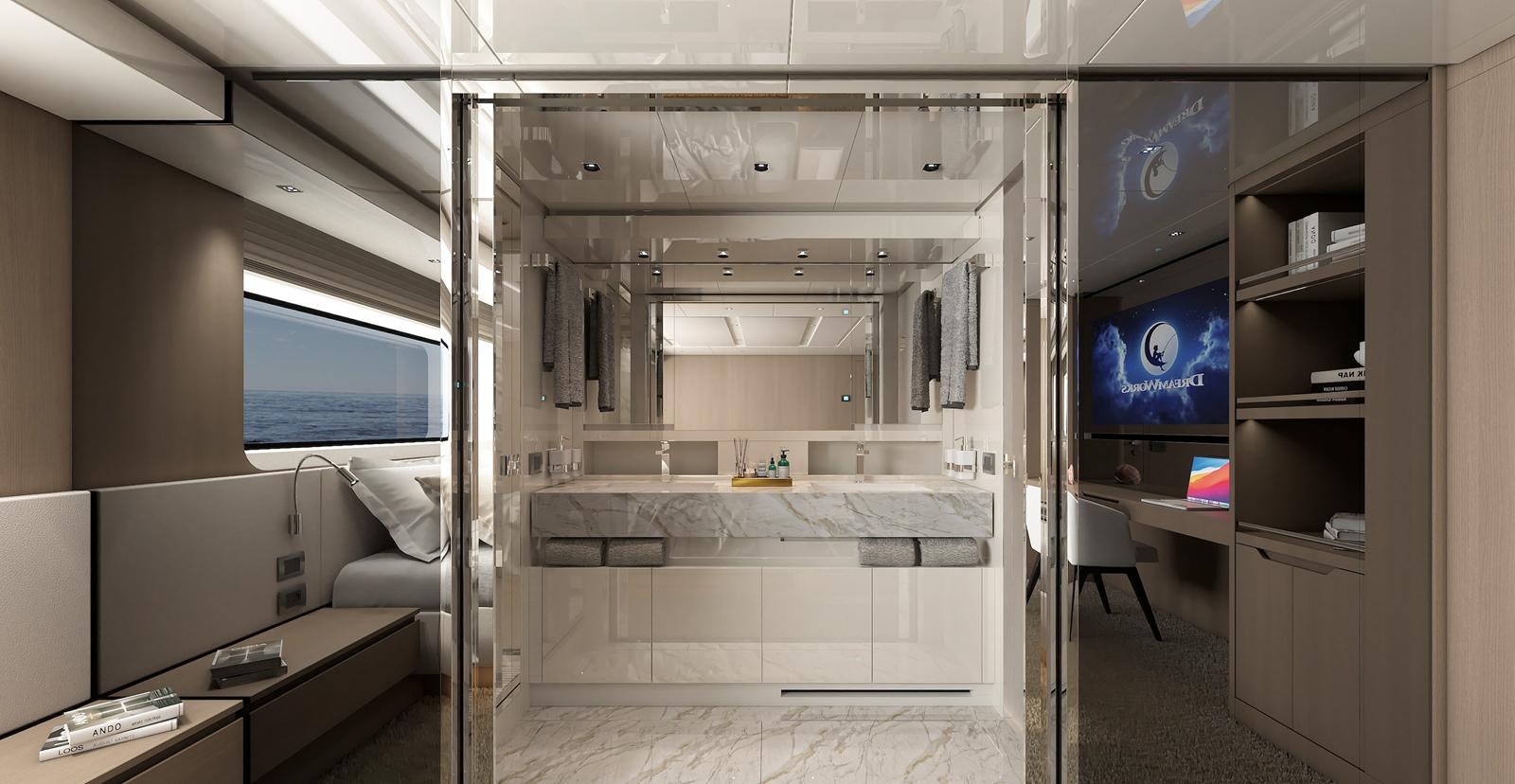 a room with a bed and a desk aboard X370 Yacht for Sale