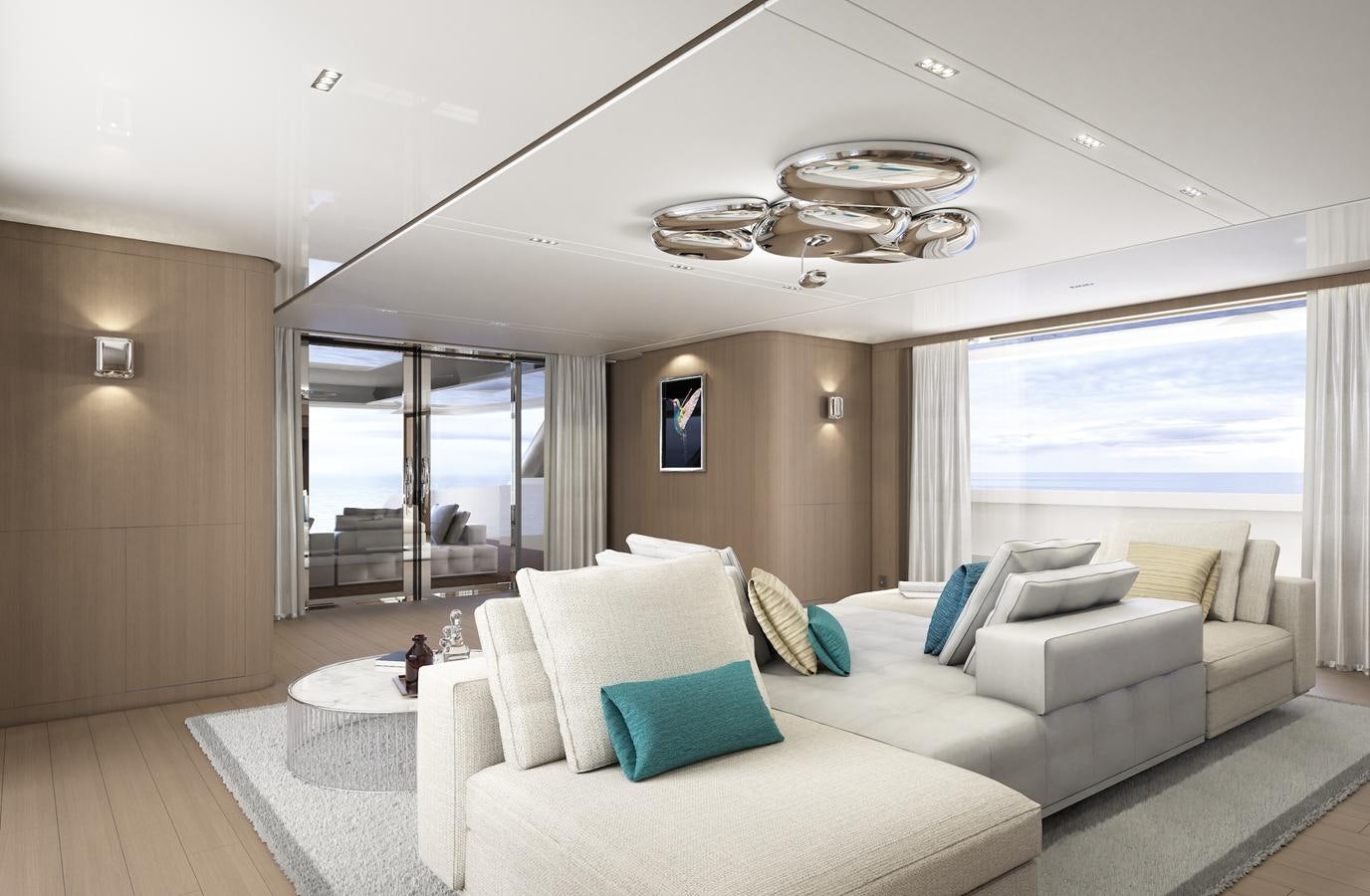 a living room with a large window aboard X370 Yacht for Sale