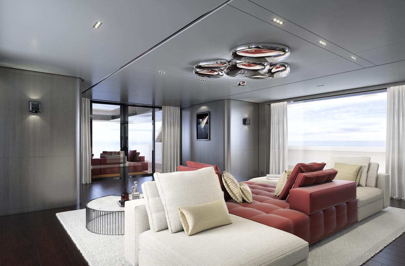 a living room with a large window aboard X370 Yacht for Sale