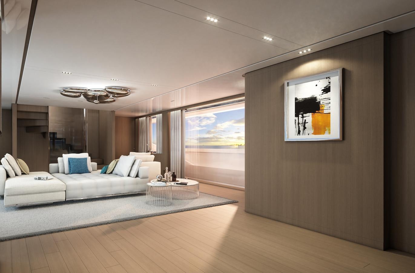 a living room with a large window aboard X370 Yacht for Sale
