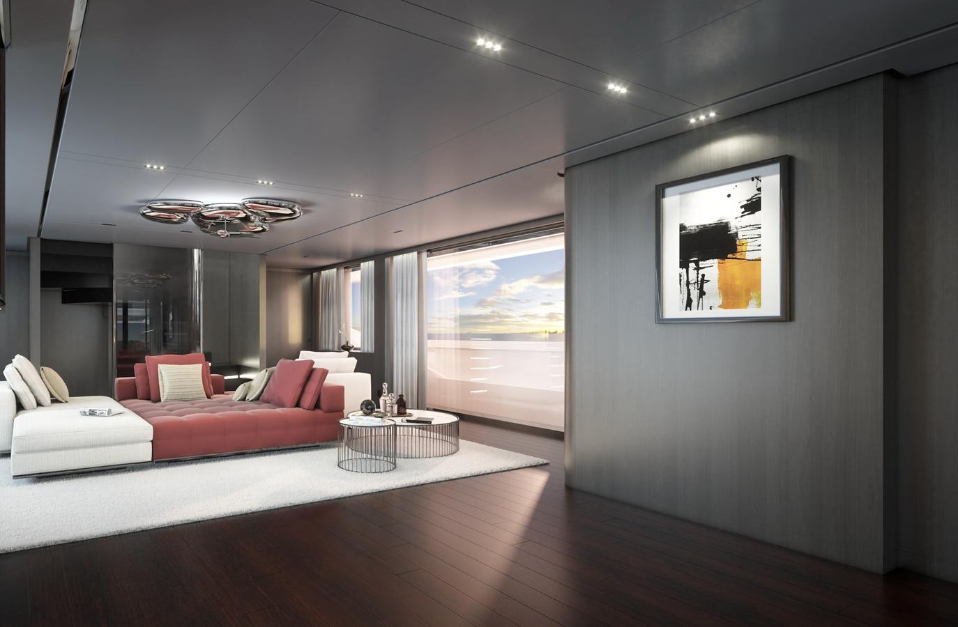a room with a large window and a couch aboard X370 Yacht for Sale