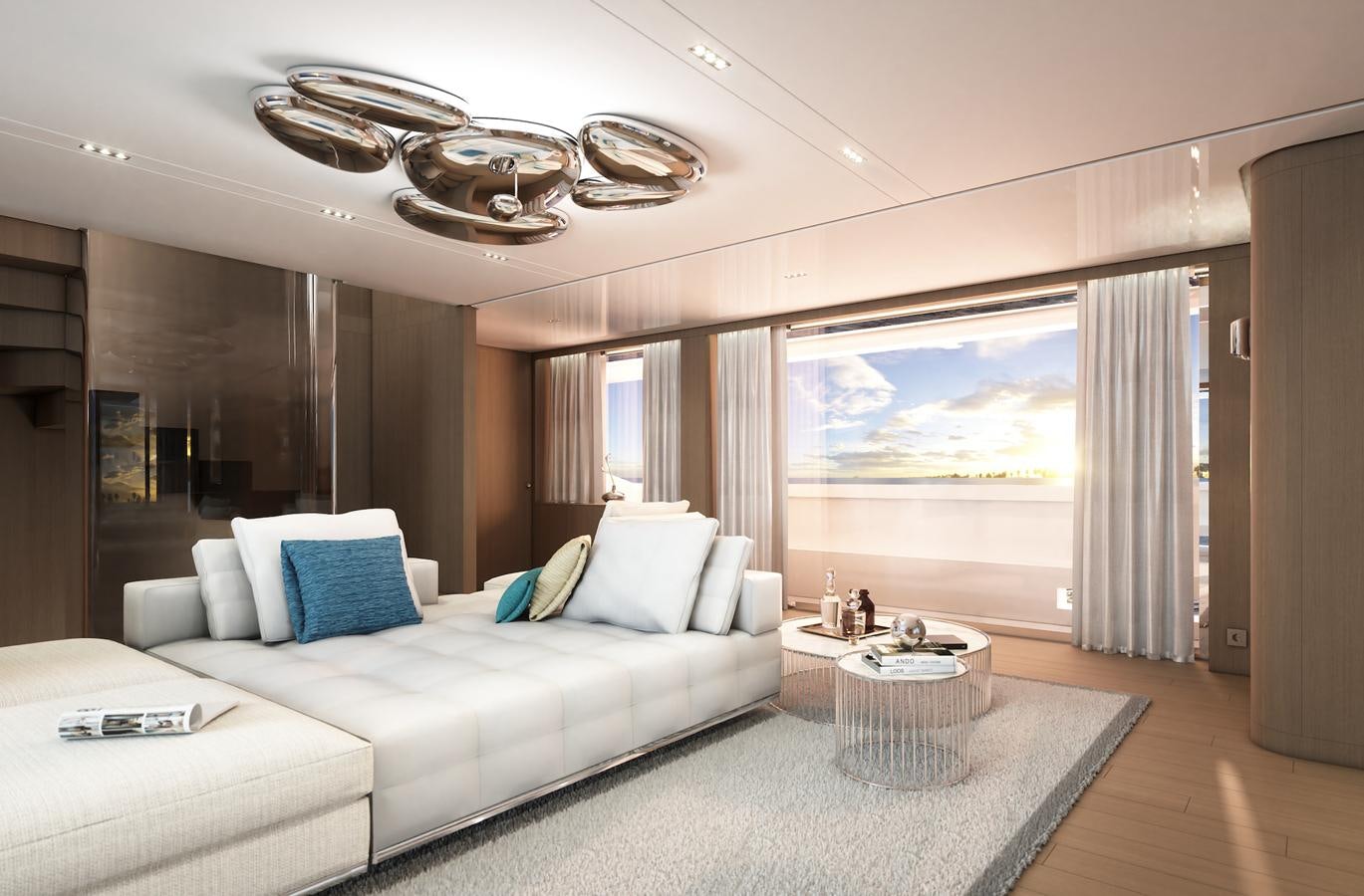 a modern looking living room aboard X370 Yacht for Sale