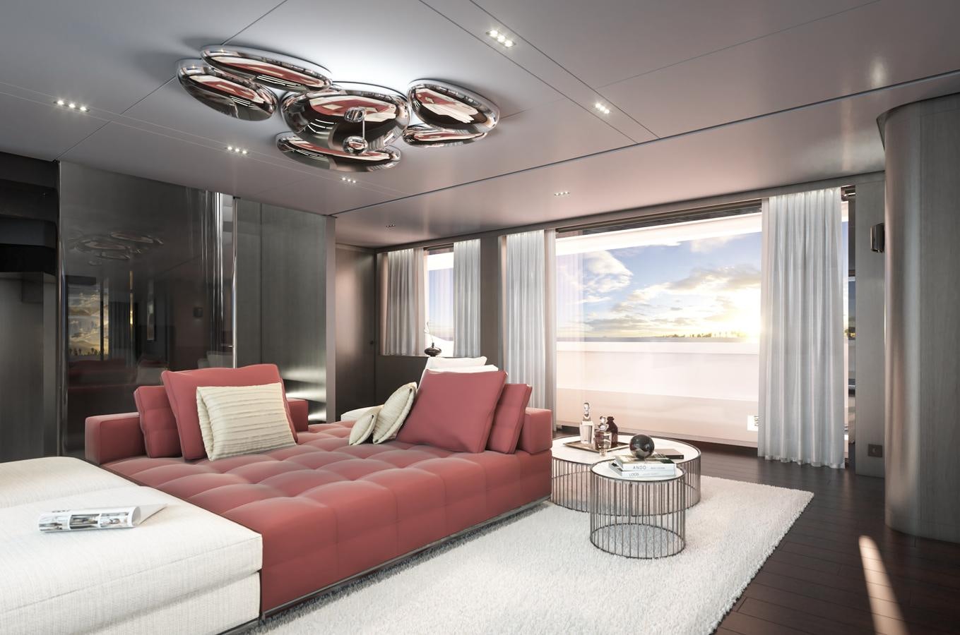 a living room with a large window aboard X370 Yacht for Sale