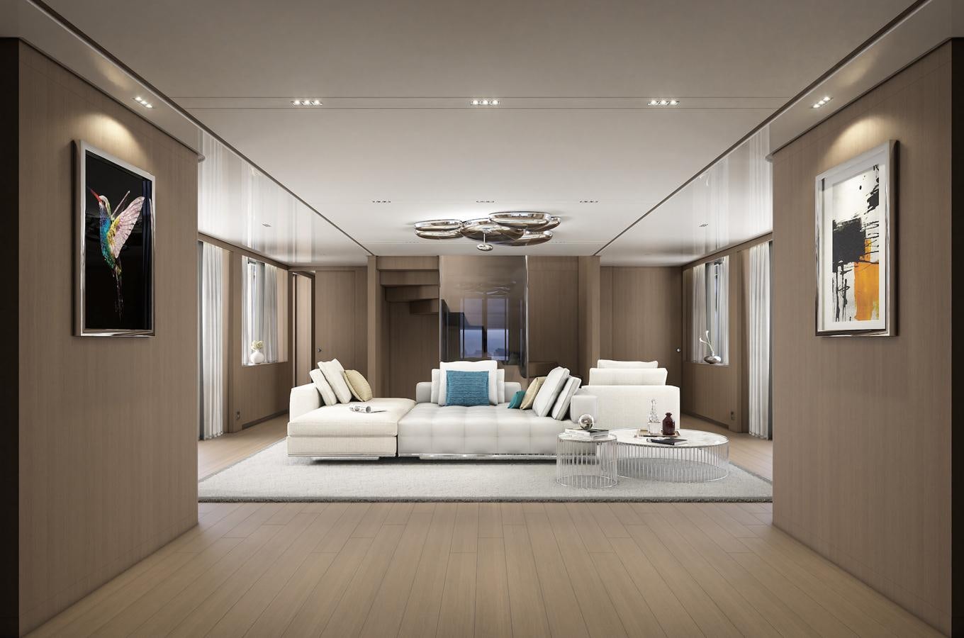 a living room with a large white couch and a large window aboard X370 Yacht for Sale