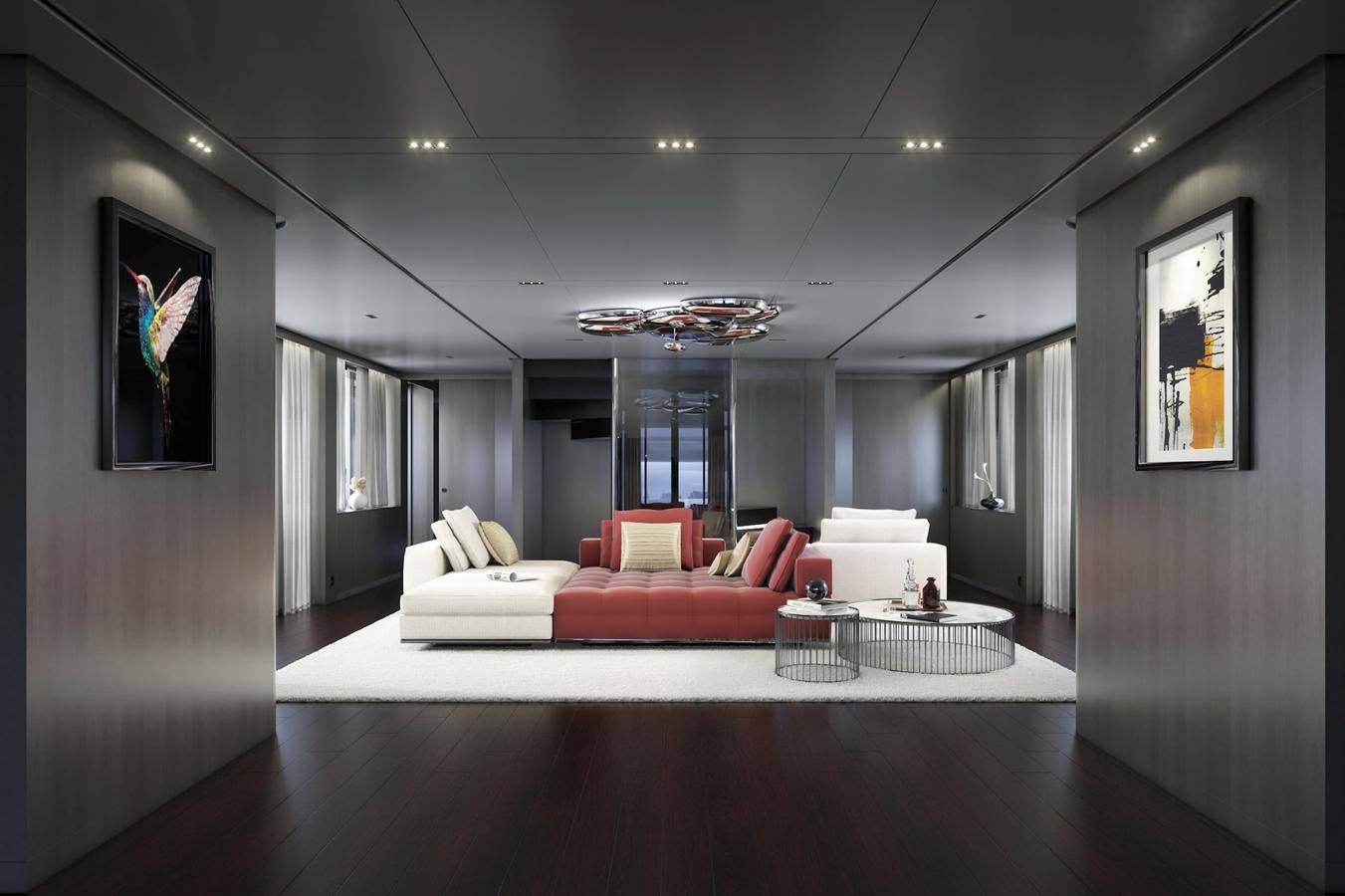 a living room with a large white couch and a large window aboard X370 Yacht for Sale